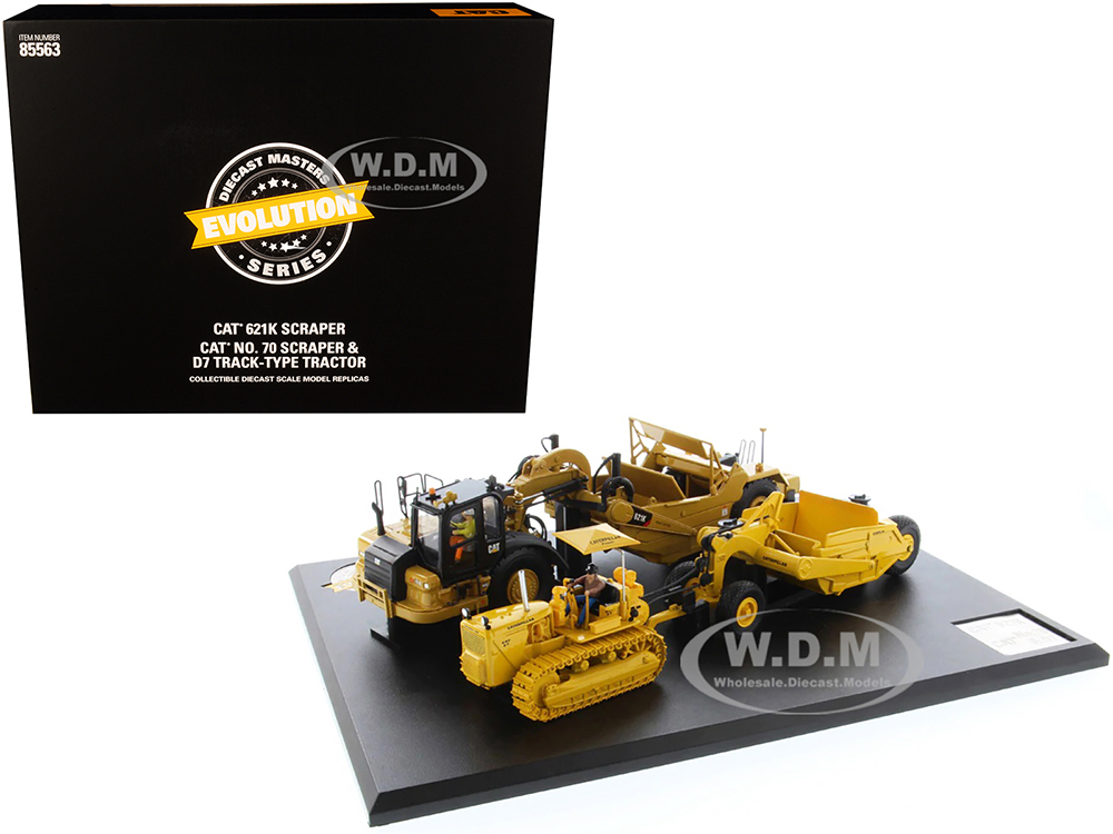 Image of CAT Caterpillar 621K Tractor Scraper and CAT Caterpillar D7 Track-Type Tractor with No 70 Scraper Set "Evolution Series" 1/50 Diecast Models by Diec