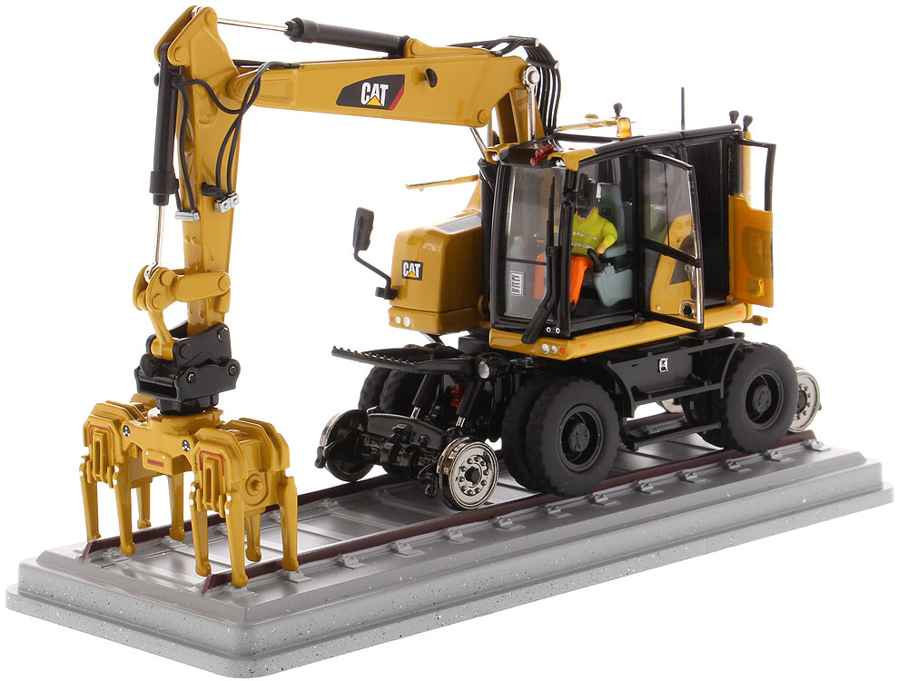 Image of CAT Caterpillar M323F Railroad Wheeled Excavator with Operator and 3 Work Tools (CAT Yellow Version) "High Line Series" 1/50 Diecast Model by Diecast