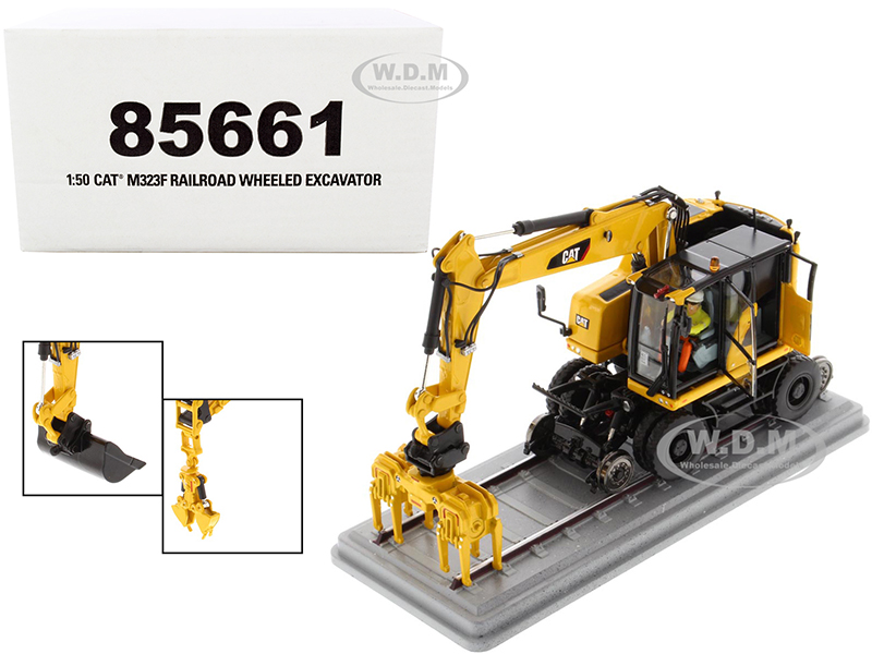 Image of CAT Caterpillar M323F Railroad Wheeled Excavator with Operator and 3 Work Tools Safety Yellow Version "High Line Series" 1/50 Diecast Model by Diecas