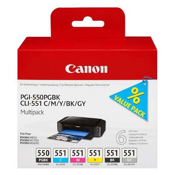 Image of Canon eredeti tintapatron PGI-550/CLI-551PGBK/C/M/Y/BK/GY Multipack black/color 6496B005 Canon PIXMA iP8750 MG7150 MG6350 HU ID 13785