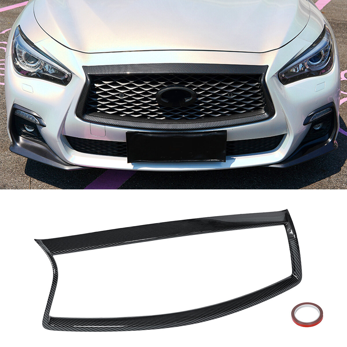 Image of Carbon Fiber Color Front Side Car Grill Outline Trim Cover Overlay For INFINITI Q50 Q50S 2018-2021
