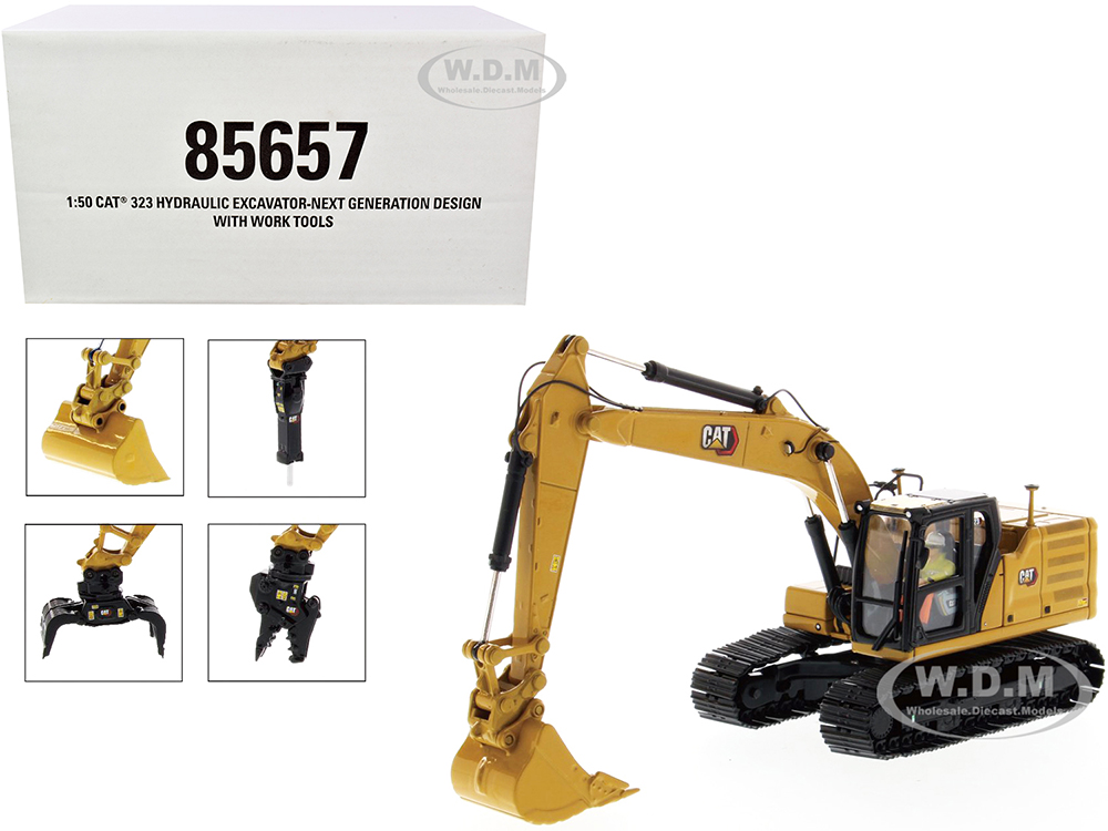 Image of Cat Caterpillar 323 Hydraulic Excavator Next Generation Design with Operator and 4 Work Tools "High Line Series" 1/50 Diecast Model by Diecast Master
