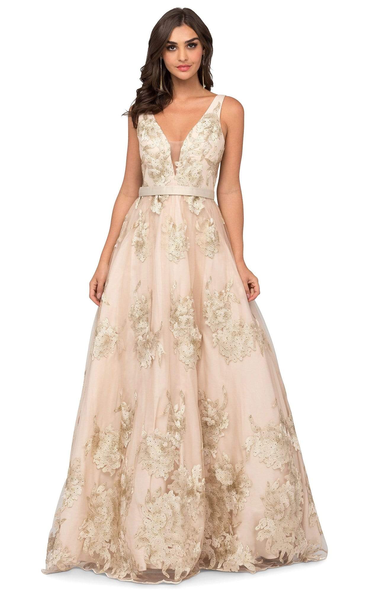 Image of Cecilia Couture - 1440 Floral Lace Appliqued Sleeveless V Neck Gown