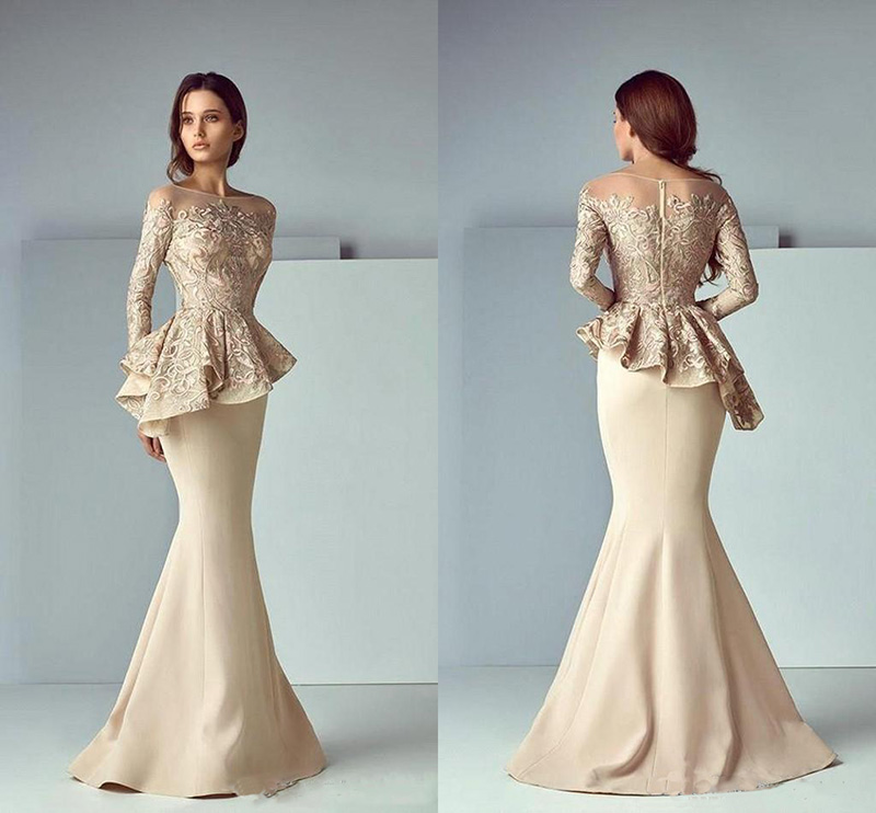 Image of Champagne Lace Stain Prom Dresses Sheer Neck Sleeve Peplum Wear Dubai Arabic Mermaid Long Mother of The Bride