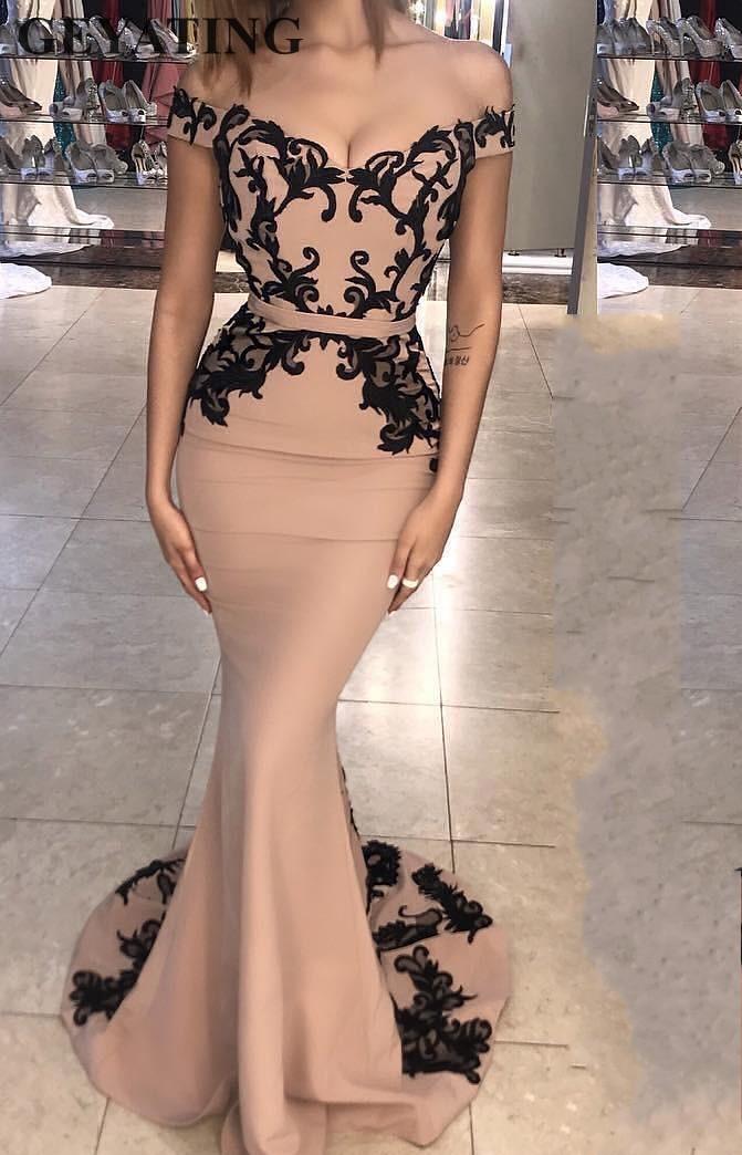 Image of Champagne Long Satin Mermaid Evening Dresses 2022 Black Lace Appliques Off the Shoulder Formal Party Gowns Dubai Prom Dress