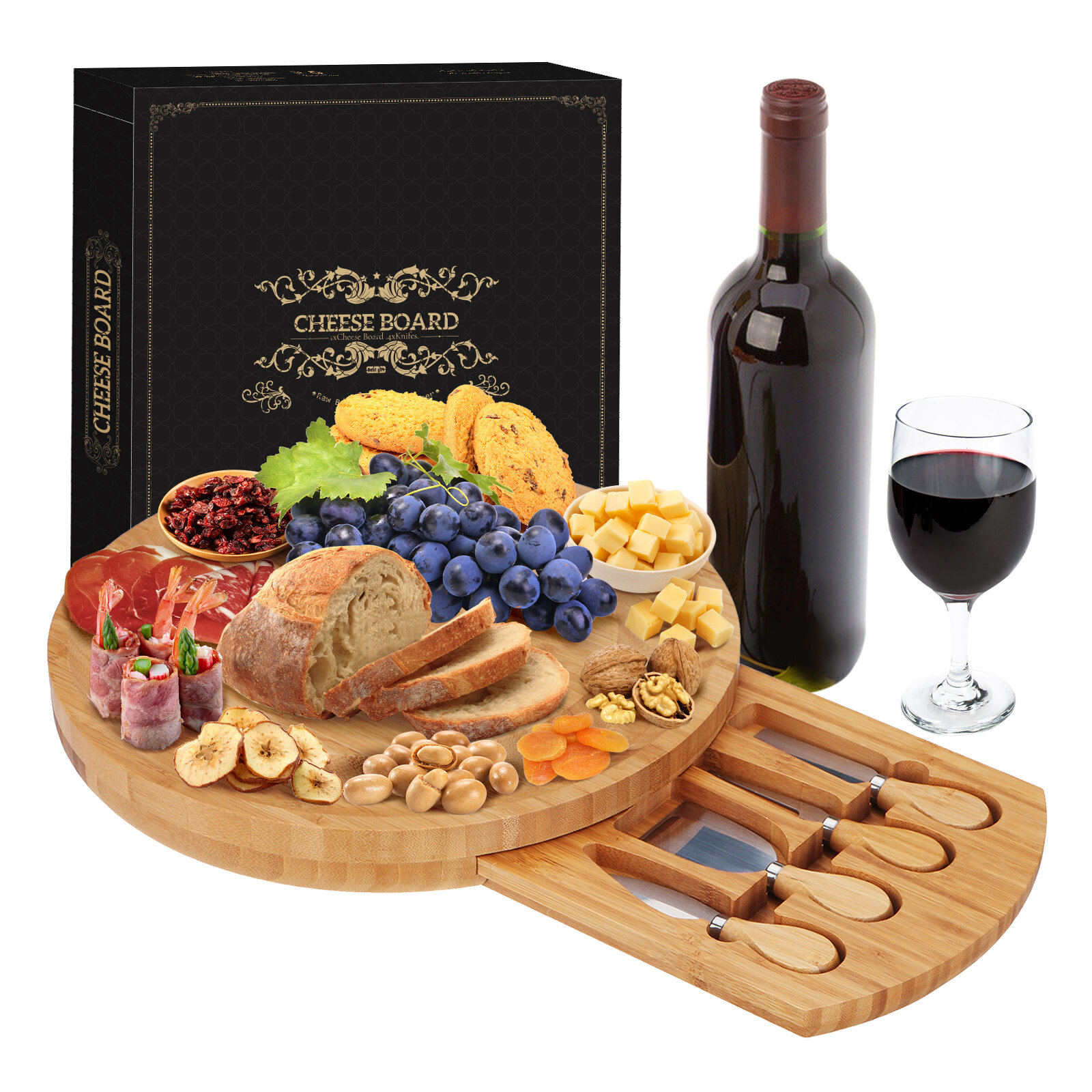 Image of Cheese Cutting Board and Cheese Serving Platter Bamboo Tray and Knife Set Included 4 Steel Knife Four-Piece Cheese Plate