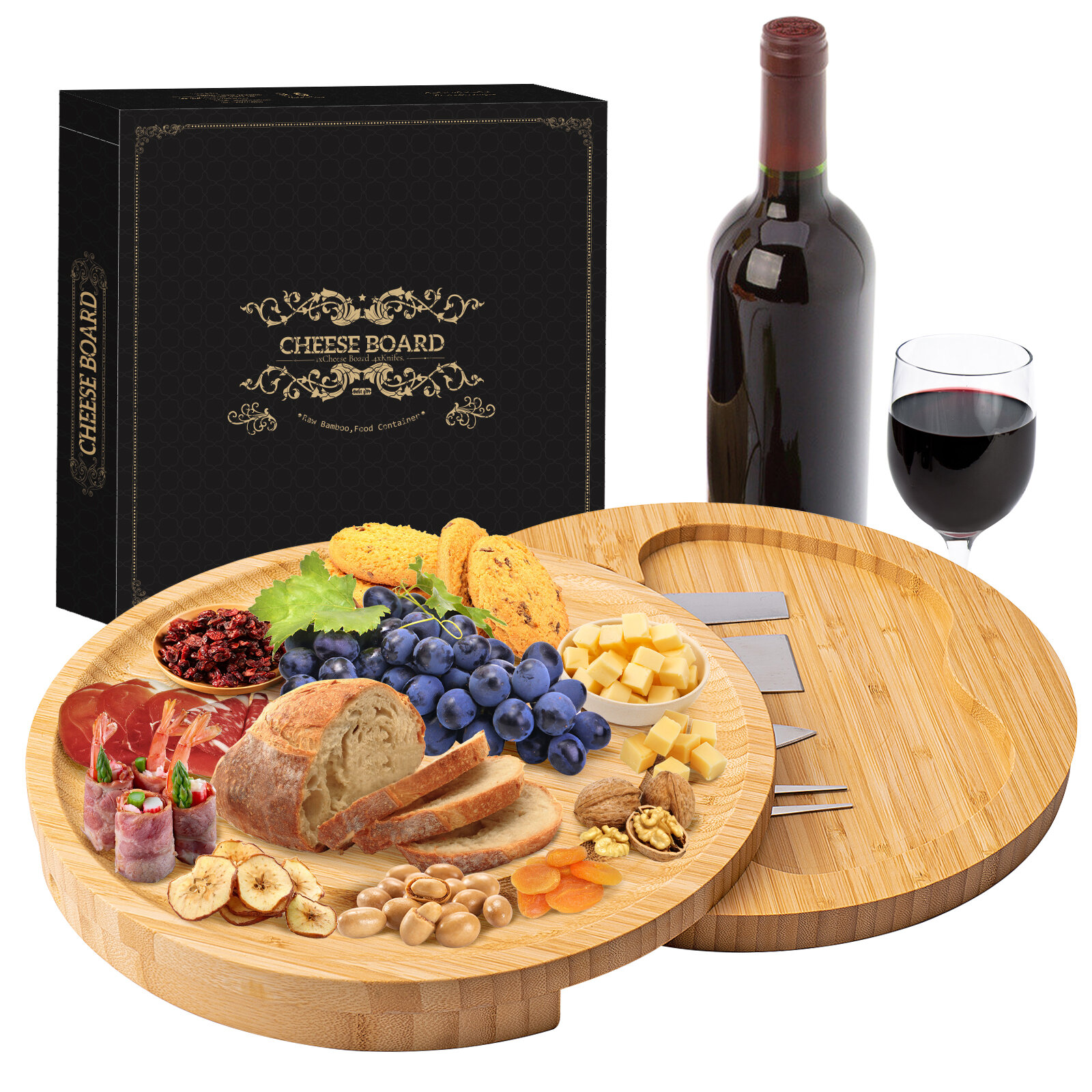 Image of Cheese Cutting Board and Knife Set Snack Tray Included 4 Stainless Steel Knife Personalized Tray for Meat Wine & Cheese