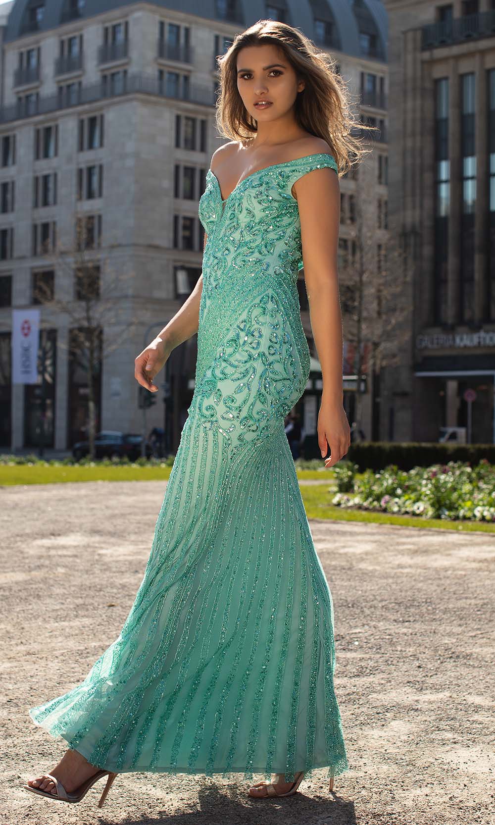 Image of Chic and Holland - AN1488 Sequined Off-Shoulder Modest Prom Dress