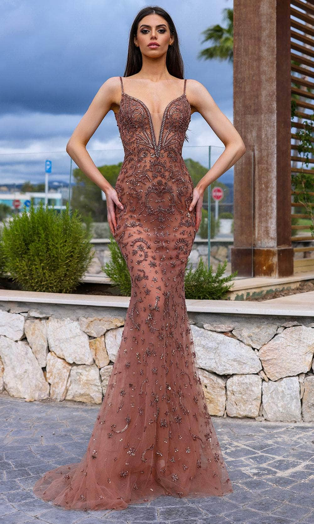 Image of Chic and Holland AR330331 - Plunging V-Neck Mermaid Prom Gown