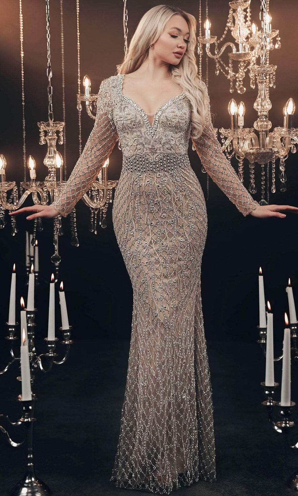 Image of Chic and Holland HF110104 - Long Sleeve Beaded Evening Gown
