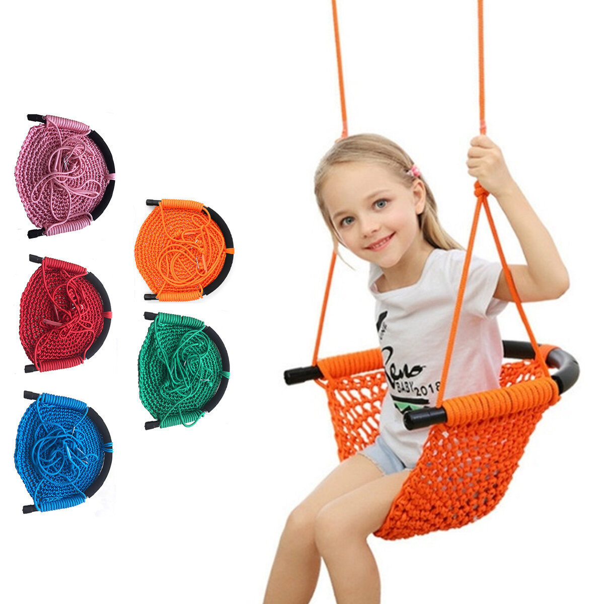 Image of Children's Weaving Swing Rope Net Hammock Baby Family Hanging Chair For Outdoor Garden Backyard Toys