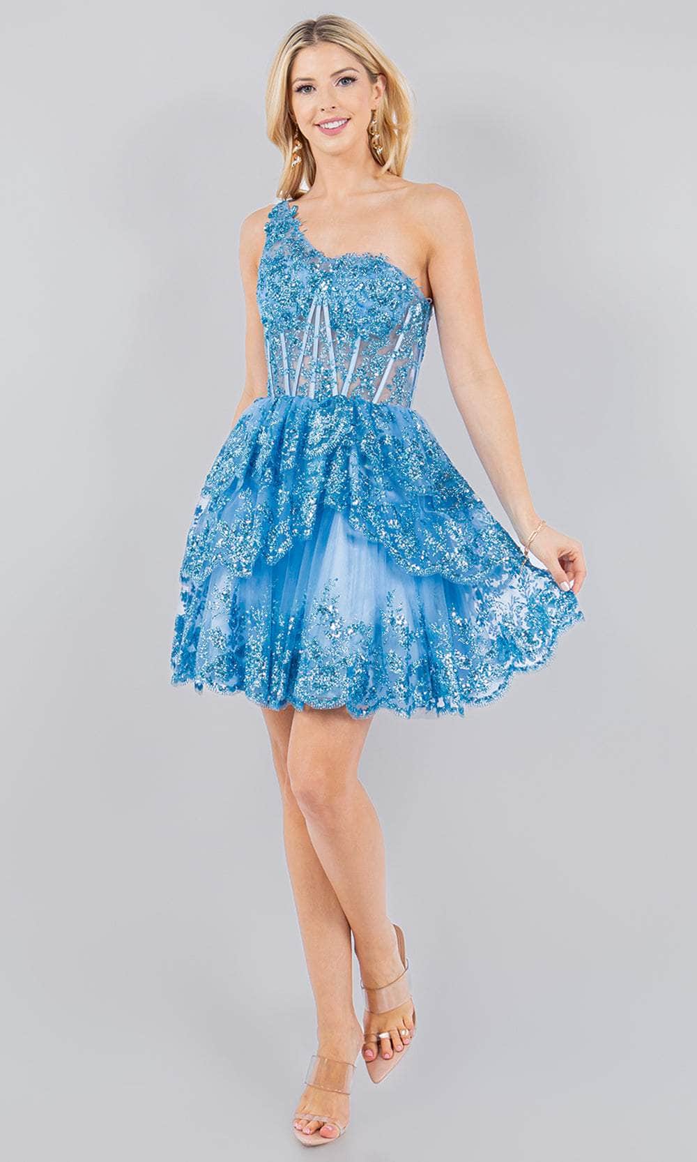 Image of Cinderella Couture 5132J - Asymmetric Sheer Corset Top Cocktail Dress