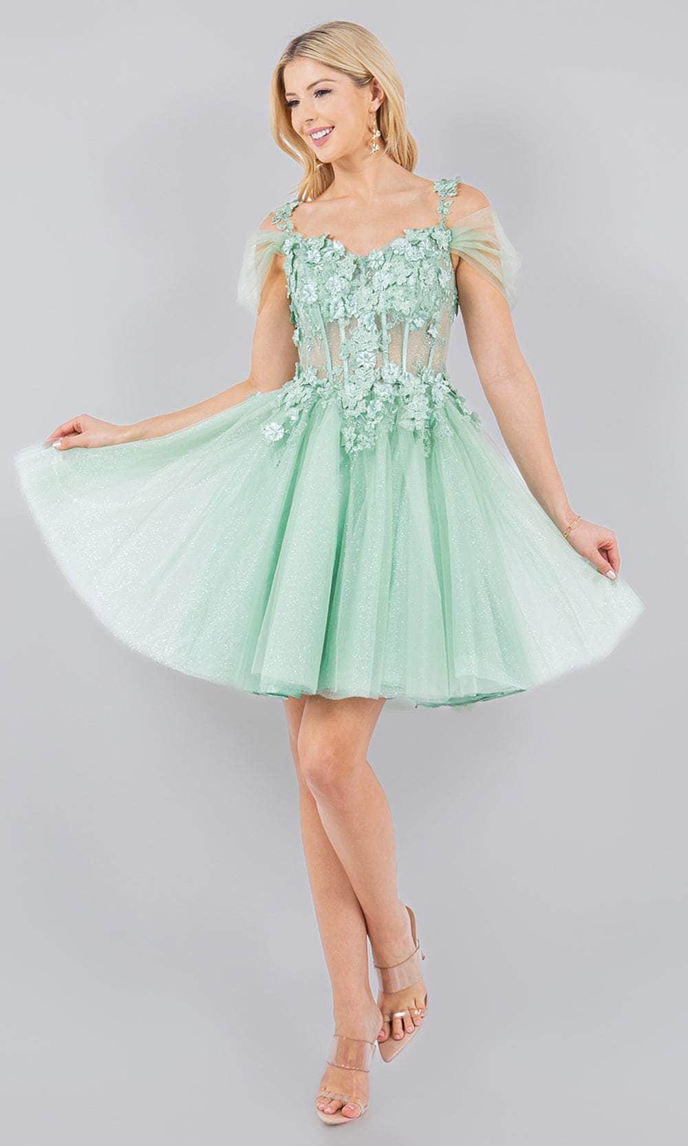 Image of Cinderella Couture 5134J - Cold Shoulder Floral Lace Cocktail Dress