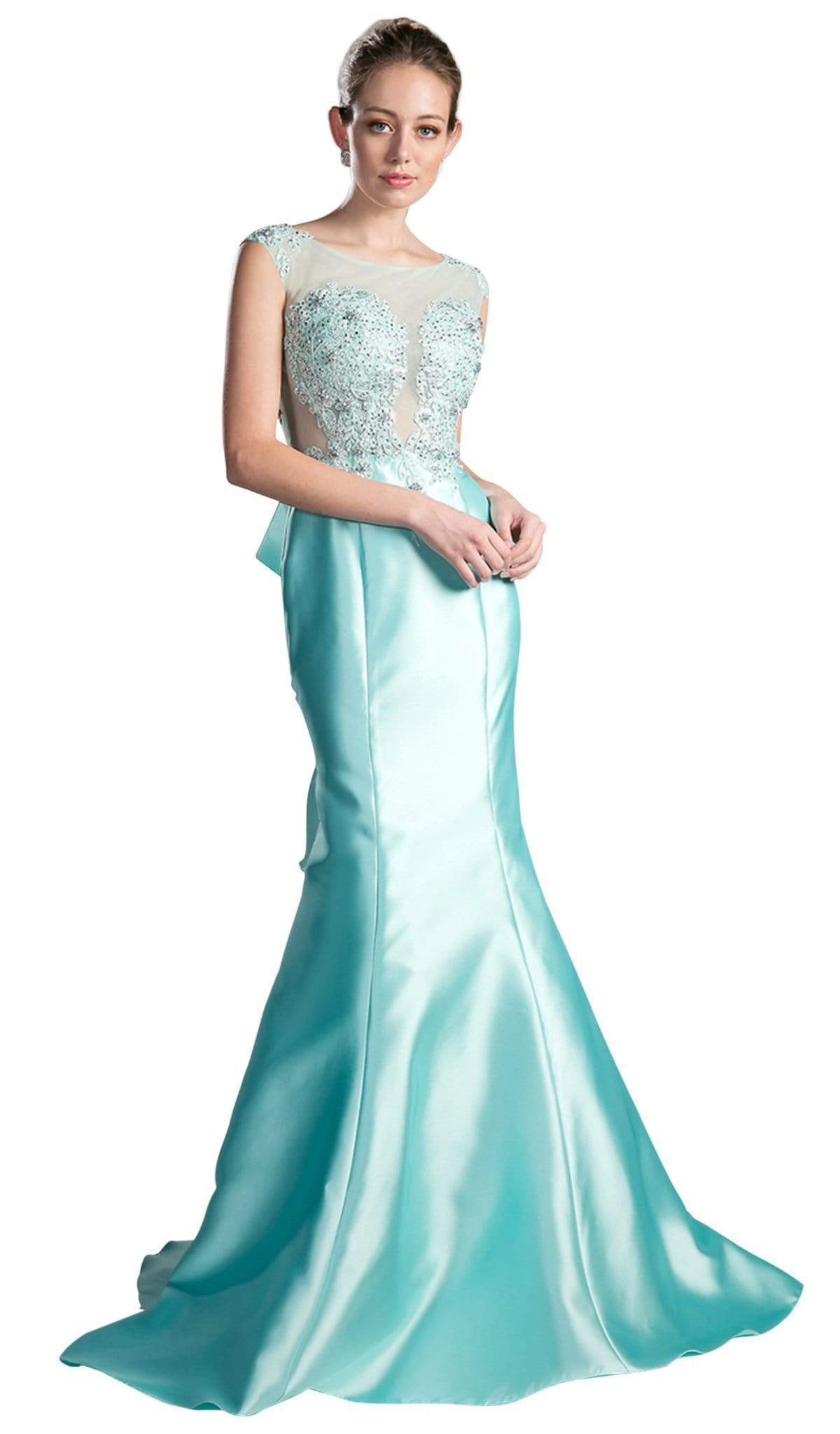 Image of Cinderella Divine - 8984A Cap Sleeve Appliqued Plunging Illusion Gown
