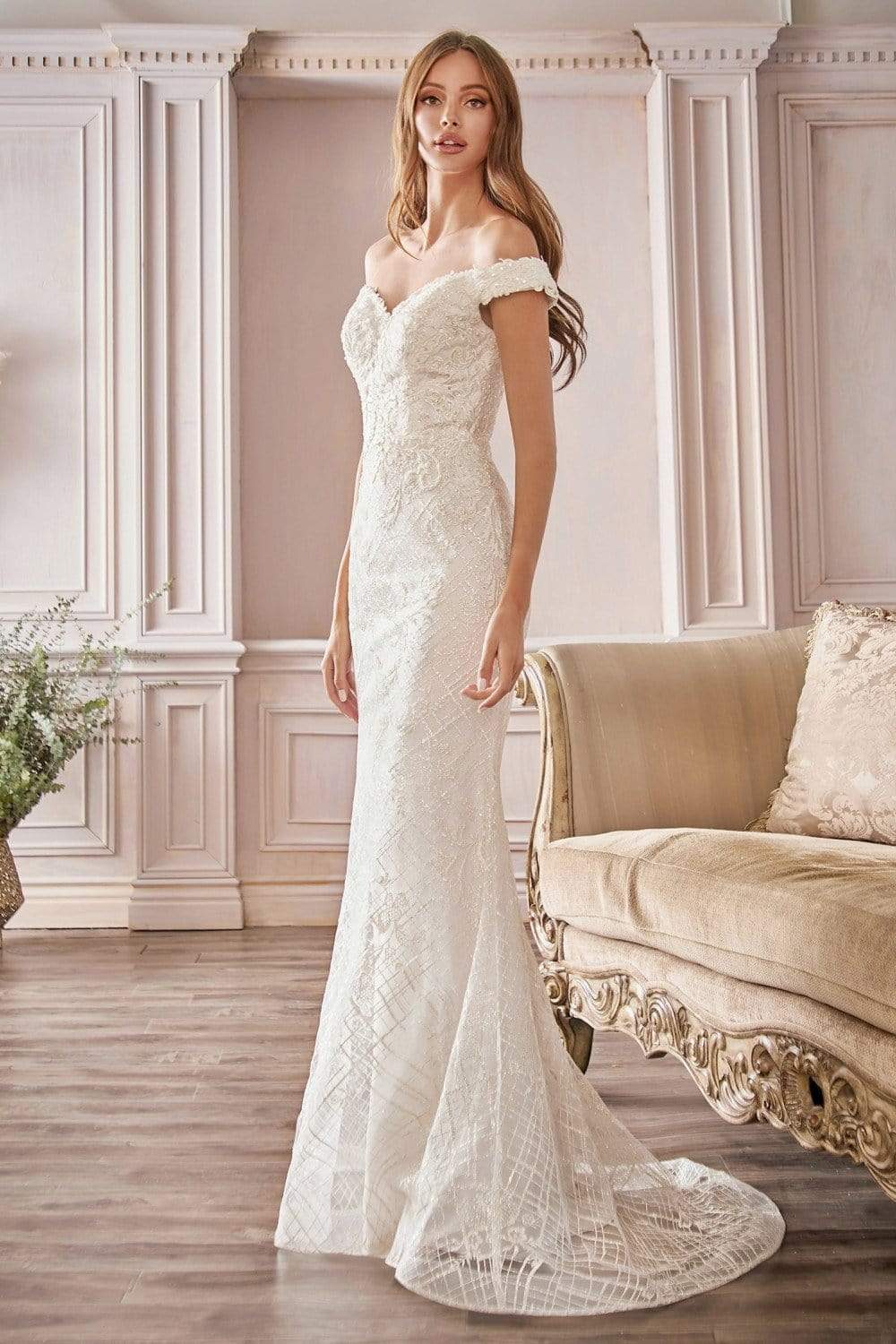 Image of Cinderella Divine Bridal - CD929 Beaded Lace Off Shoulder Bridal Dress