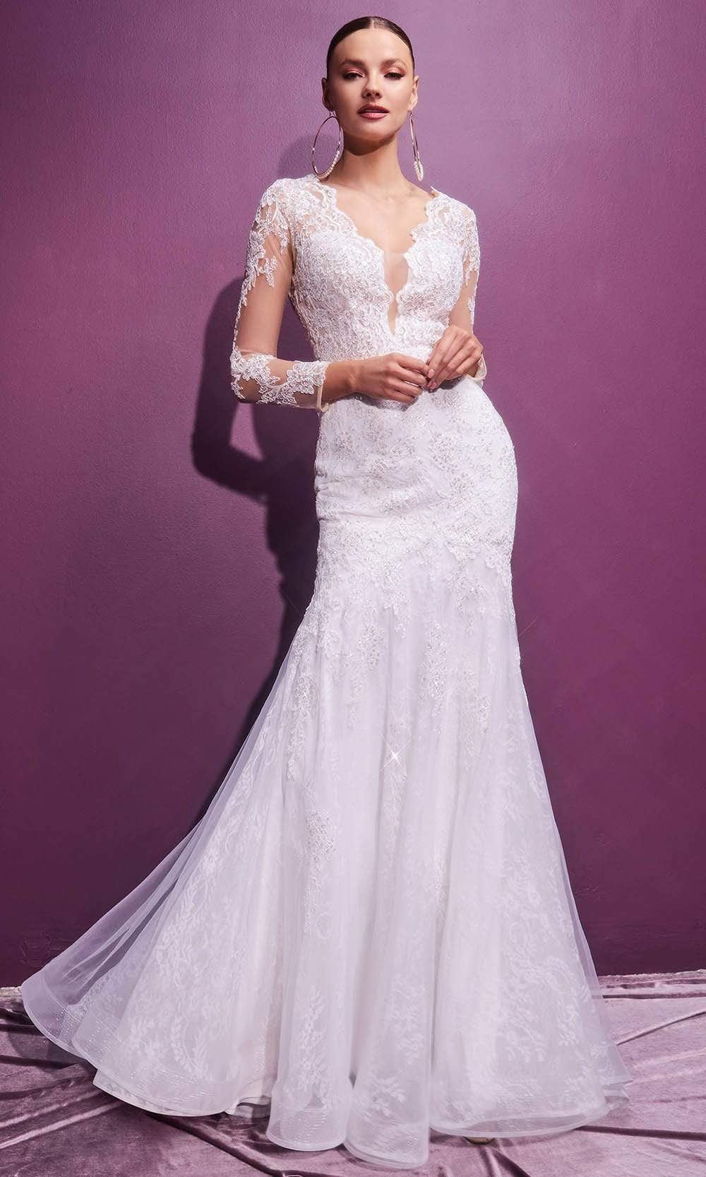 Image of Cinderella Divine Bridals - CD951W Embroidered Long Sleeve Long Gown