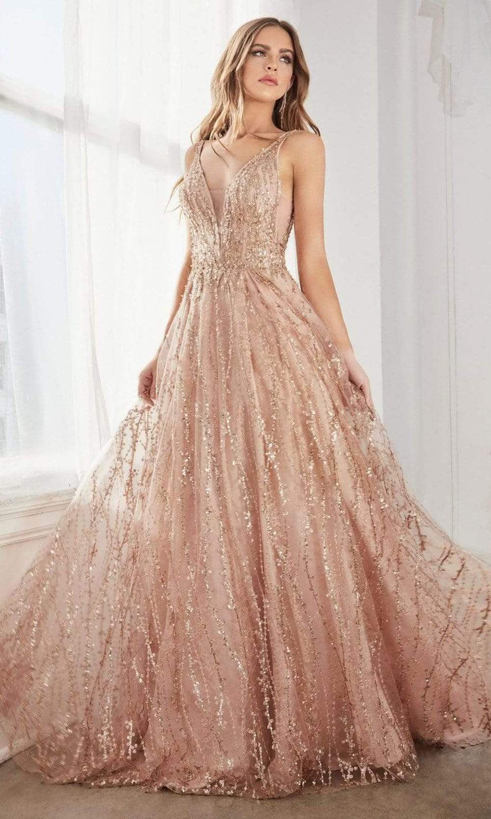Image of Cinderella Divine - C32 Plunging Sequined Glitter Print A-Line Gown