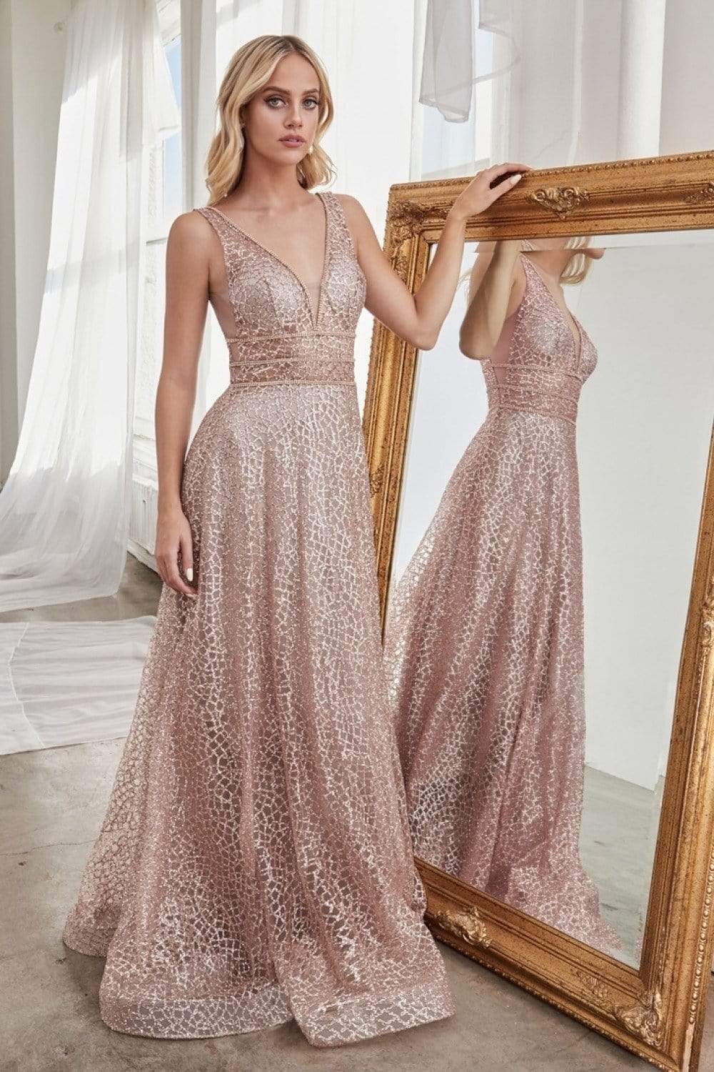 Image of Cinderella Divine - CJ256 V-Neck Glitter Print A-Line Prom Gown