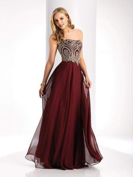 Image of Clarisse - 3000 Strapless Gilt-Appliqued Chiffon Long Gown