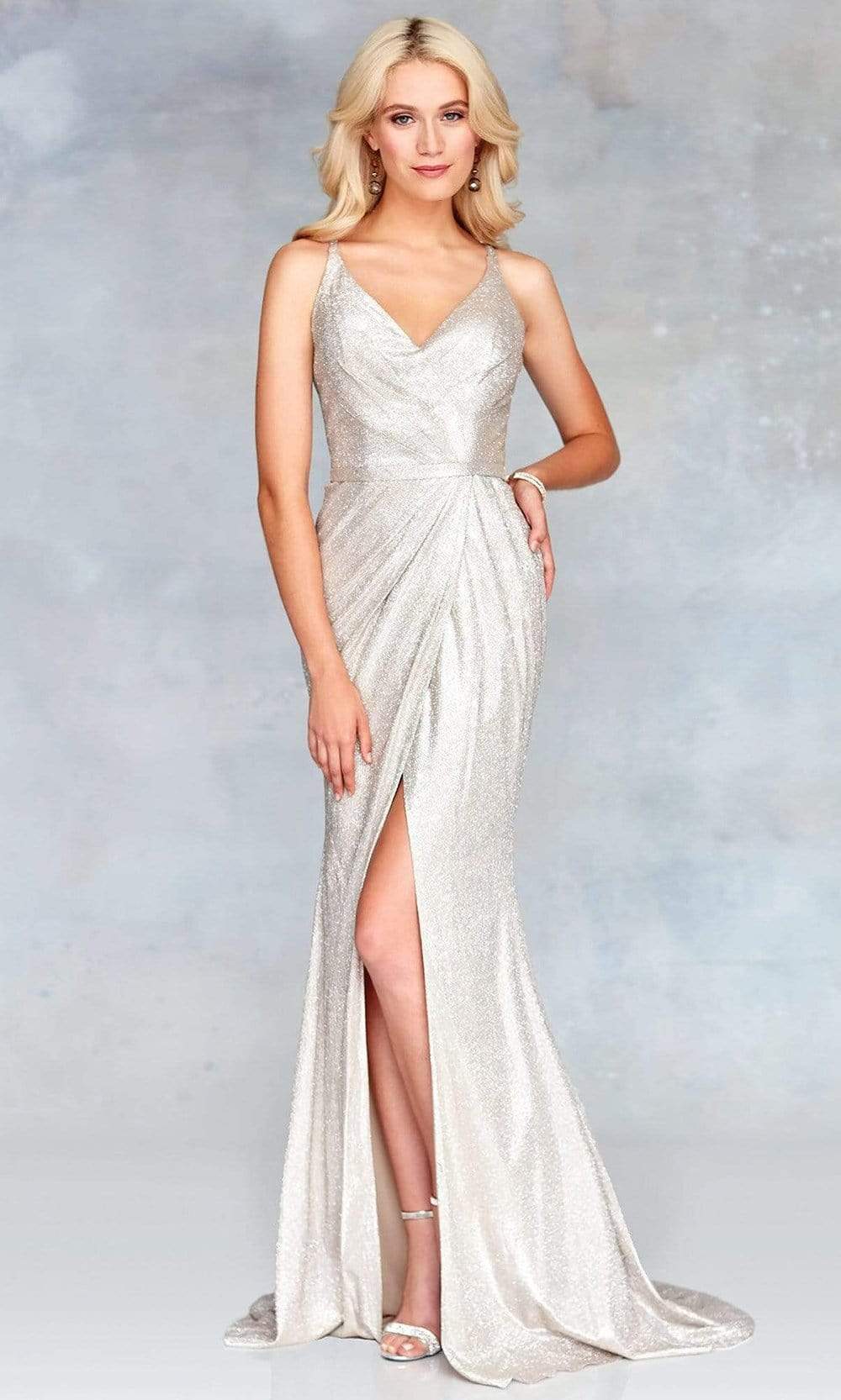 Image of Clarisse - 3766 V Neck Strappy Back Glitter Knit Evening Gown