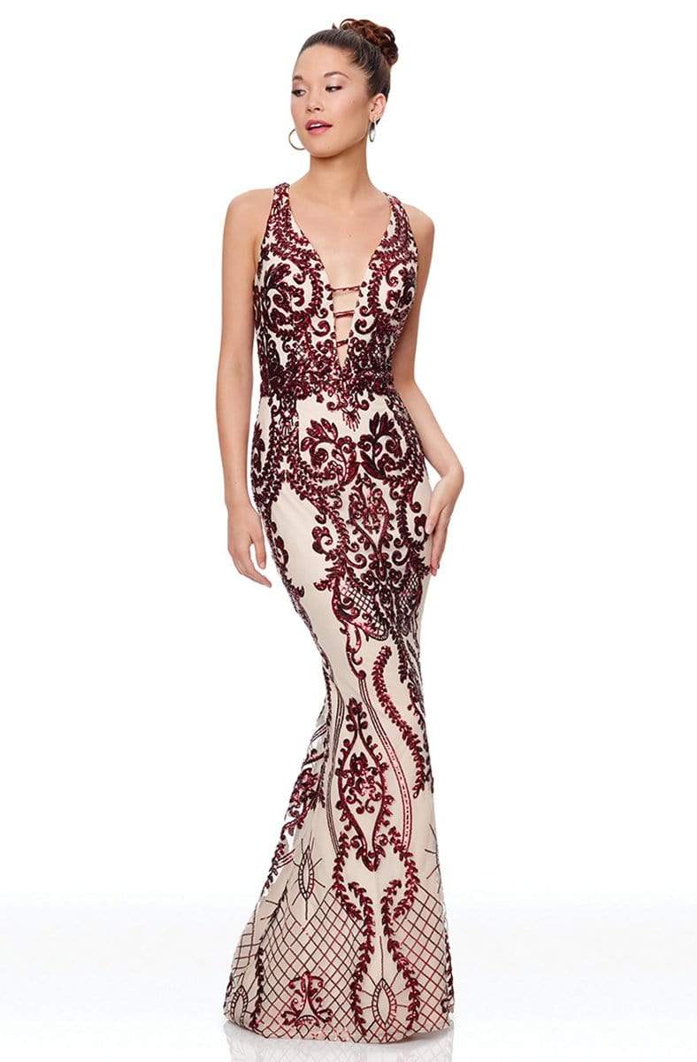 Image of Clarisse - 3797 Sequined Deep V-neck Mermaid Dress