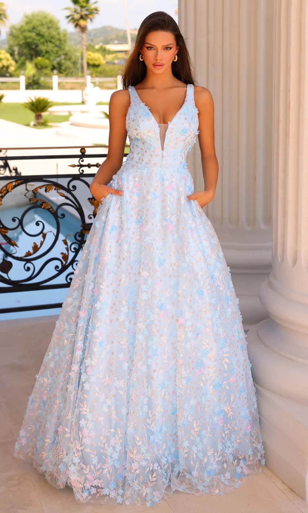 Image of Clarisse 810723 - V-Neck Floral Appliqued Prom Gown