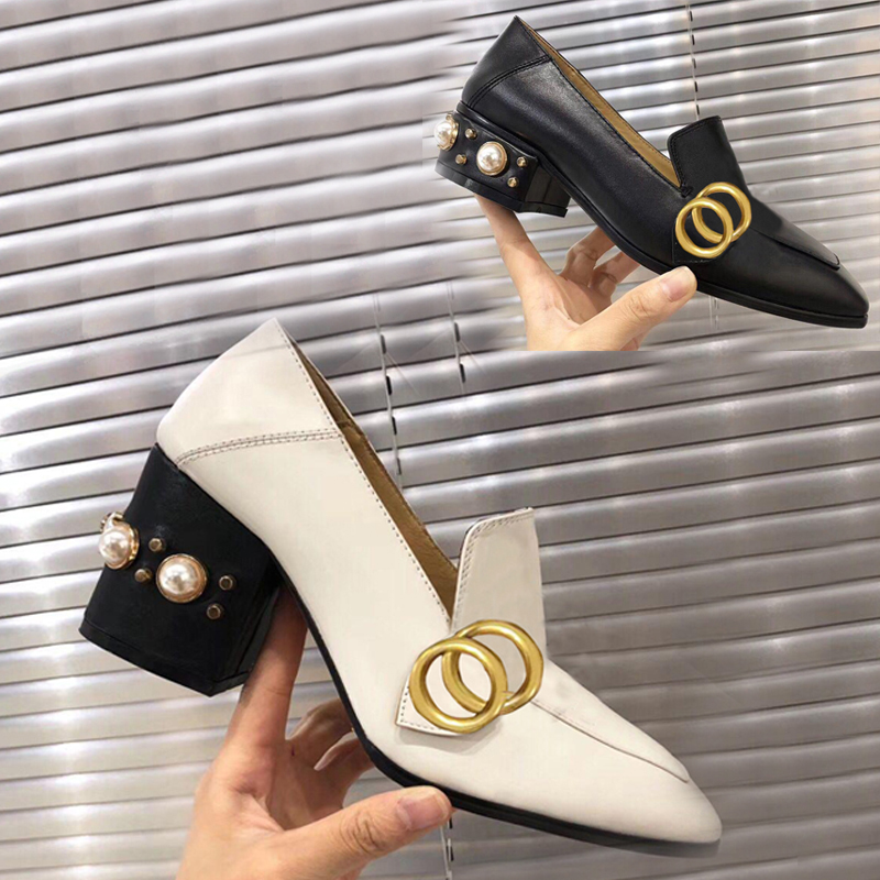 Image of Classic Dress shoes Designer SHoes leather rivet Thick heel high heels 100% cowhide Metal Button women Pearl high-heeled boat shoe Large siz