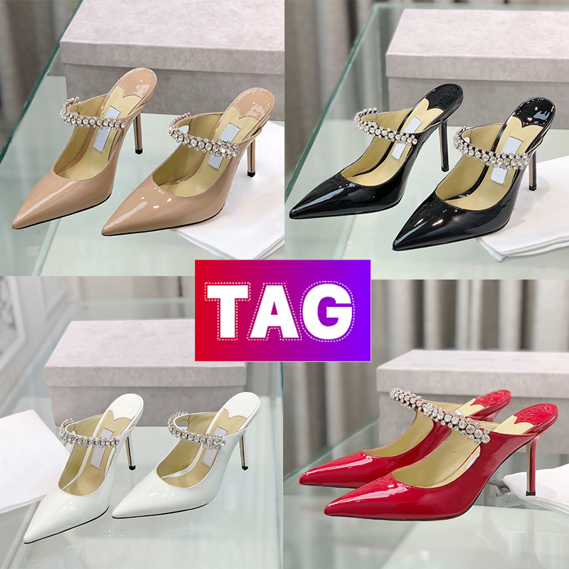 Image of Classic London Dress Shoes Designer High Heel Luxury women shoes with Crystal Strap Slides Stiletto Heels Bing 100 85 65 Mules Crystal Strap