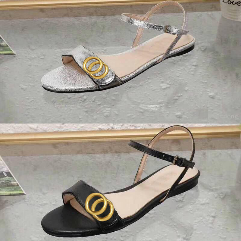 Image of Classic lady sandals 100% leather Flat shoe bottom Beach Belt buckle Metal women shoes Black Soft cowhide Designer woman Loafers Large size