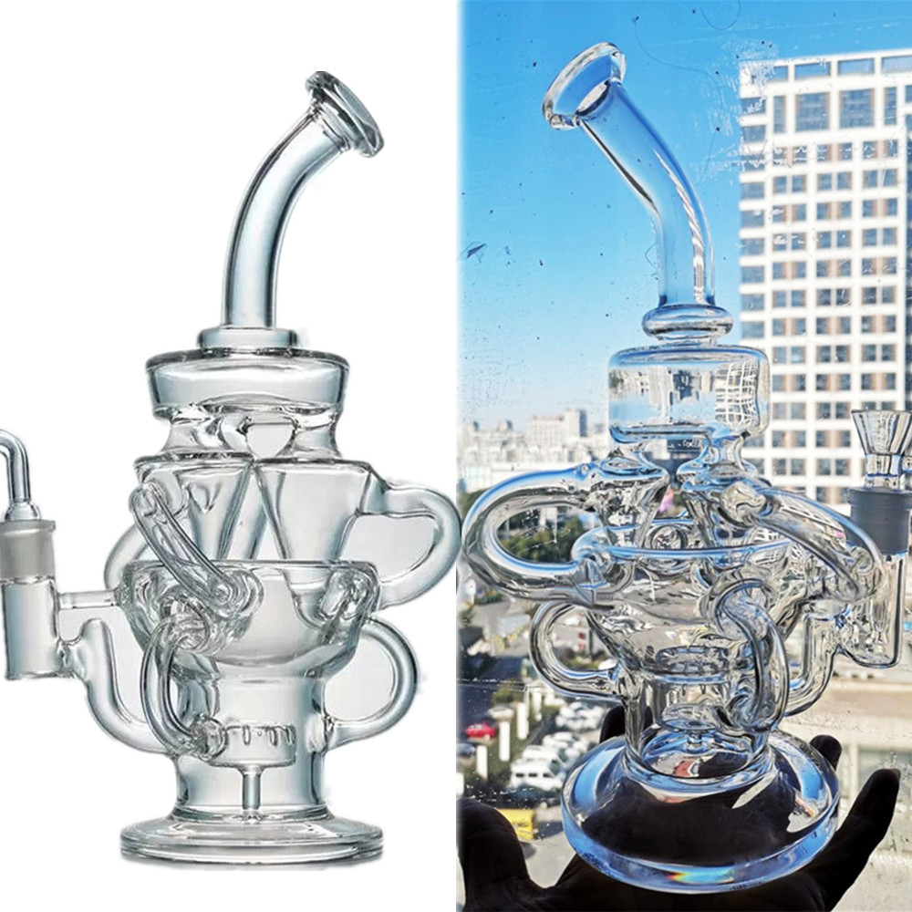 Image of Clear Glass Bong Recycler Hookahs Glass Water Pipes Triple Cyclone Ball Arm Unique Dab Rigs With 14mm Joint Large Portable & Durable