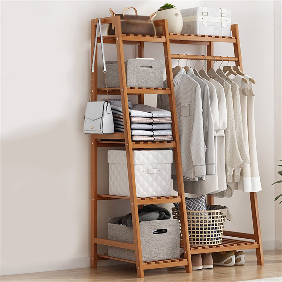 Image of Clothes Rack Apartment Bedroom Dressroom Bamboo Coat Clothes Rack Stand Shelf Shoe Box Holder