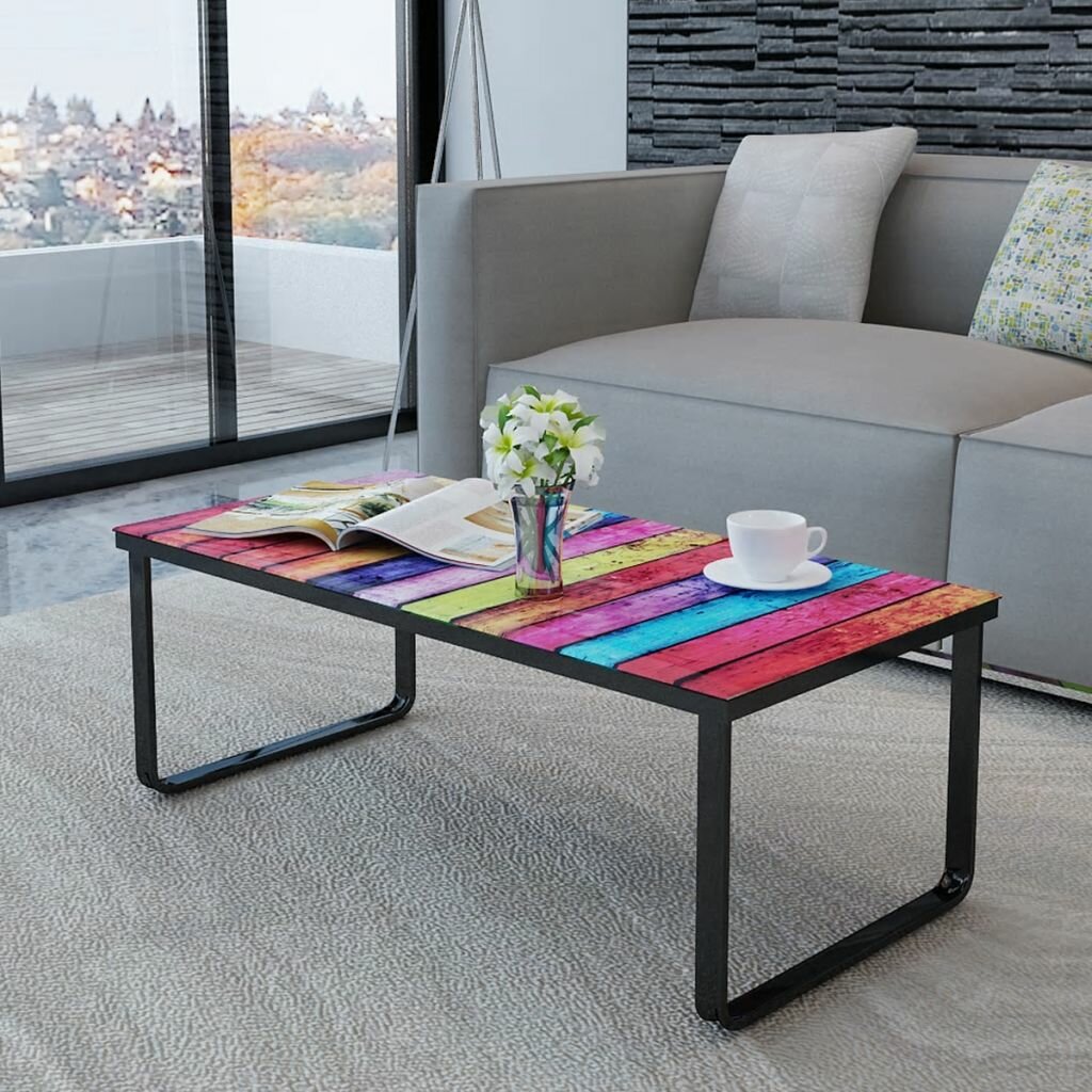 Image of Coffee table with rainbow-print glass table topp
