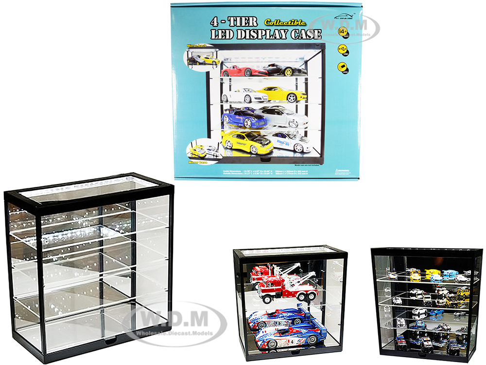 Image of Collectible 4-Layer Display Showcase with USB Powered LED Lights Black for 1/18 1/24 1/32 1/43 1/64 Scale Models