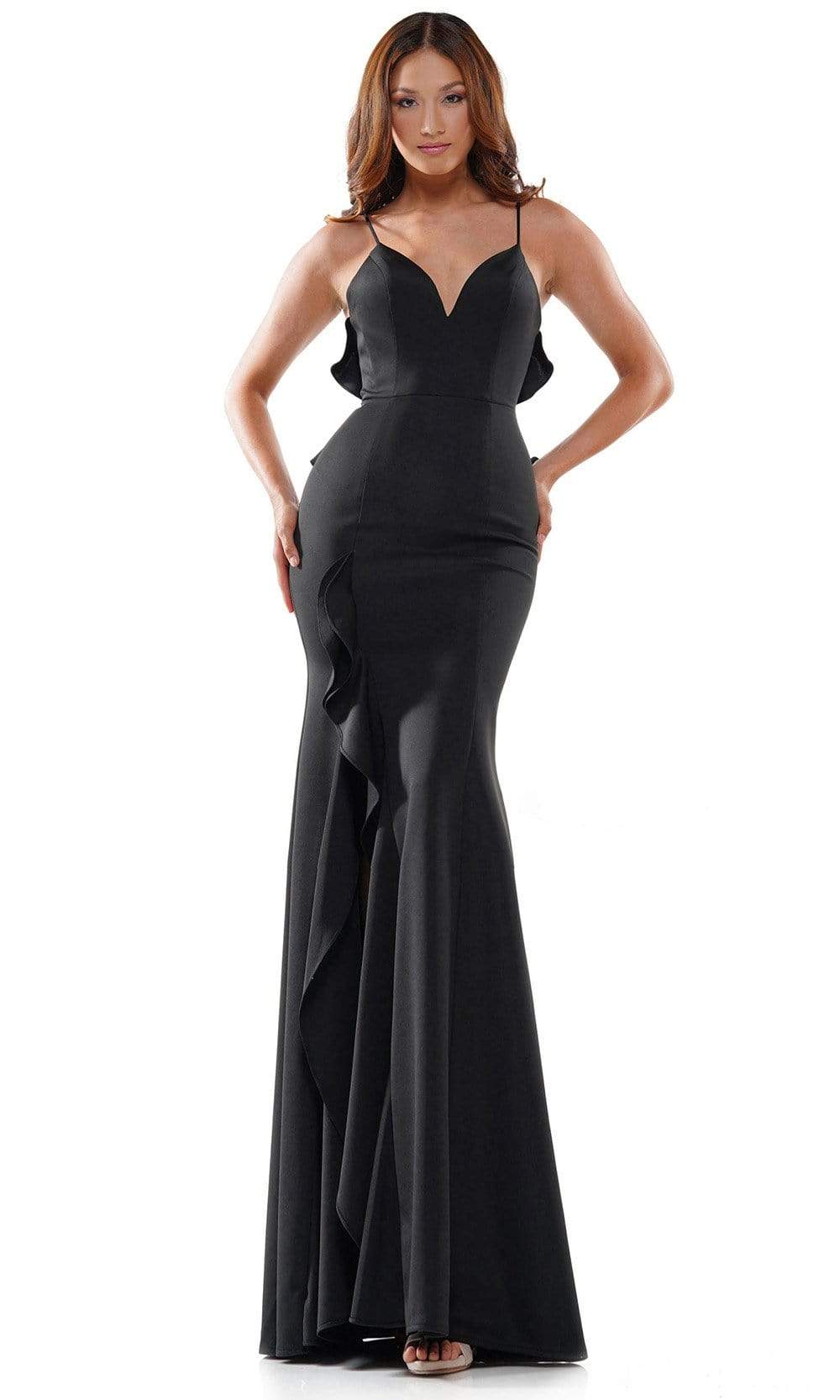 Image of Colors Dress - 2646 Sweetheart Bodice Ruffle Trim High Slit Gown