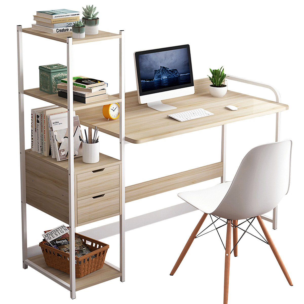 Image of Computer Laptop Desk Writing Study Table Bookshelf Desktop Workstation with Storage Shelf Drawers Home Office Furniture
