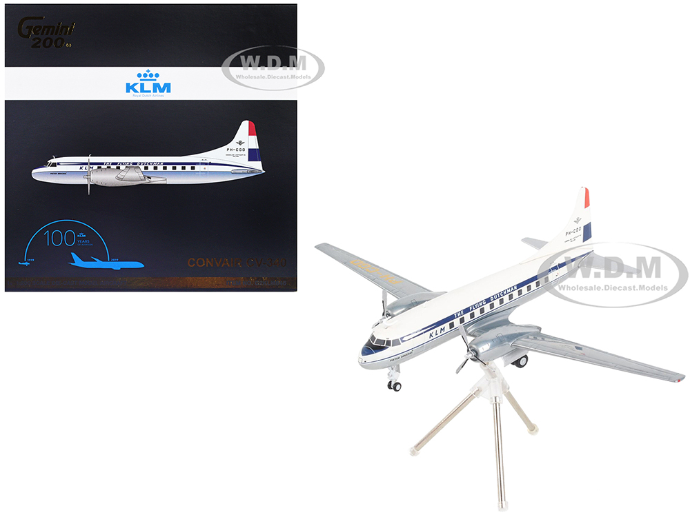 Image of Convair CV-340 Commercial Aircraft "Royal Dutch Airlines - The Flying Dutchman" White with Dark Blue Stripes "Gemini 200" Series 1/200 Diecast Model