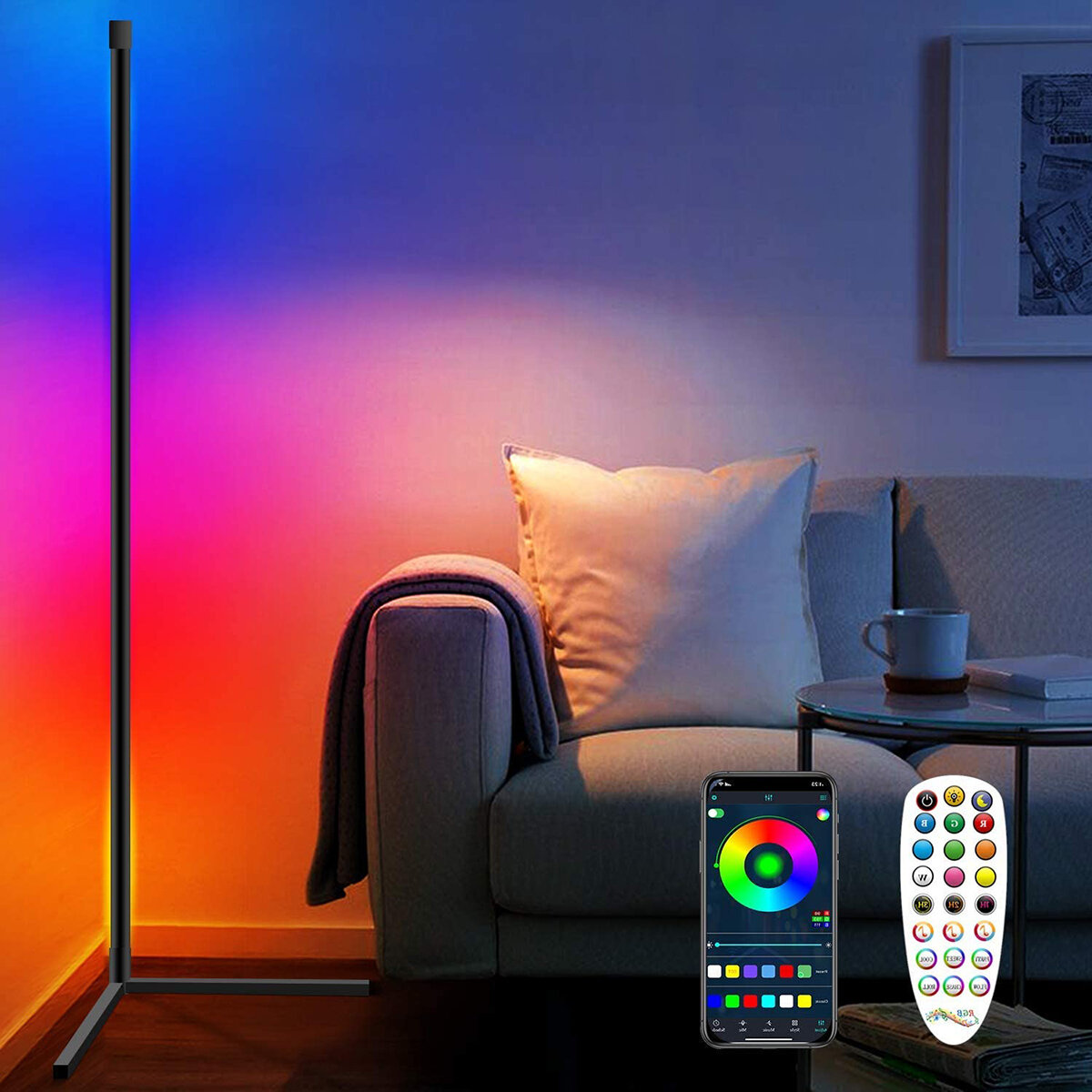 Image of Corner Floor Lamp RGB Color Changing Corner Lamp Dimmable LED bluetooth Ambient Light