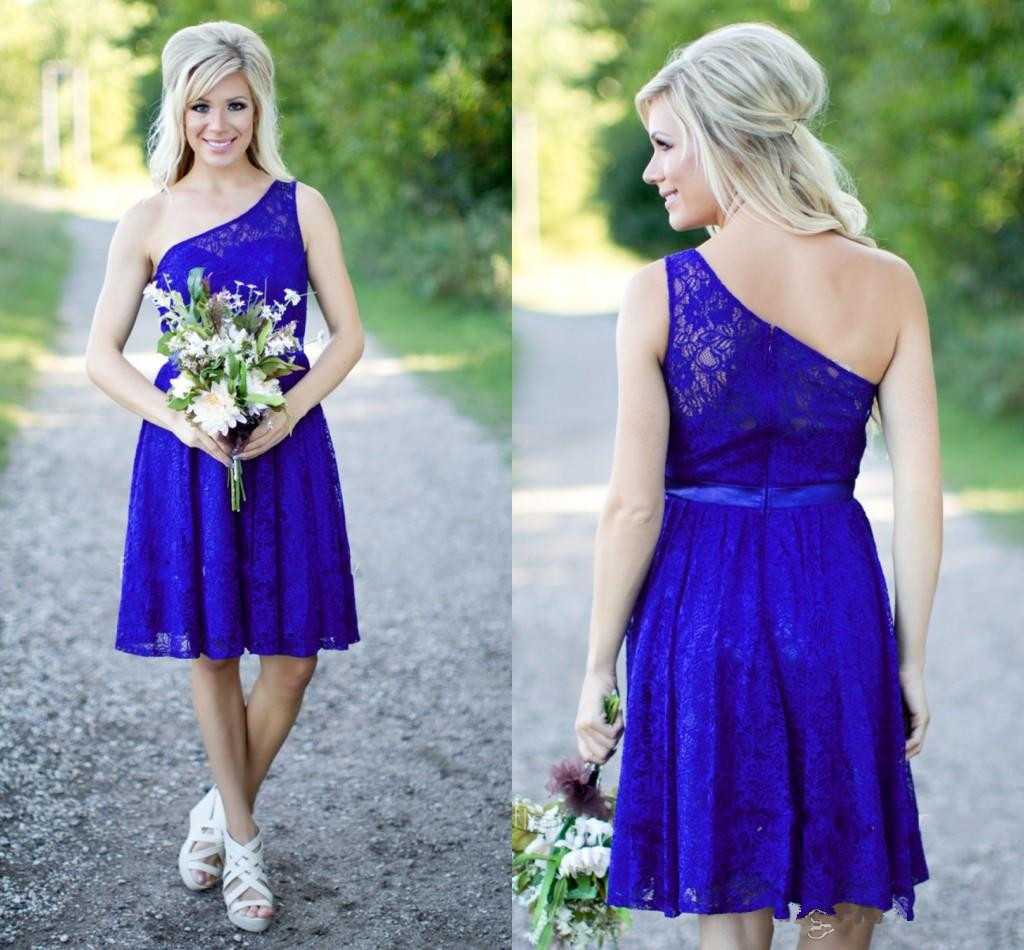 Image of Country Bridesmaid Dresses New Short For Weddings Lace Royal Blue Knee Length With Sash One Shoulder Maid of Honor Gowns cocktail
