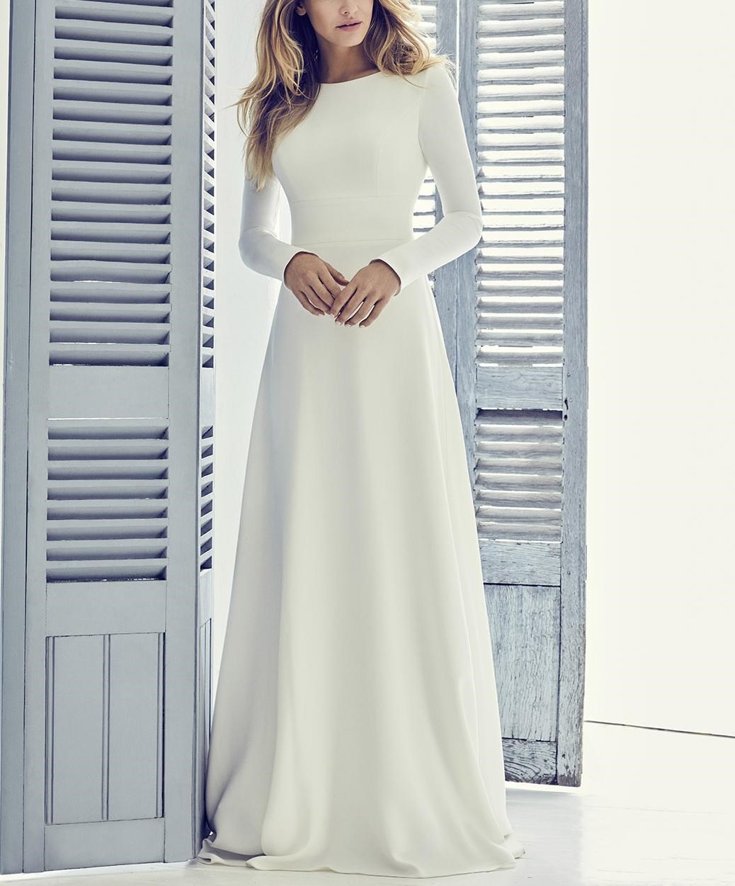 Image of Crepe A-line Modest Wedding Dress With Long Sleeves Jewel Neck Coverd Back Short Train Women Informal Bridal Gown