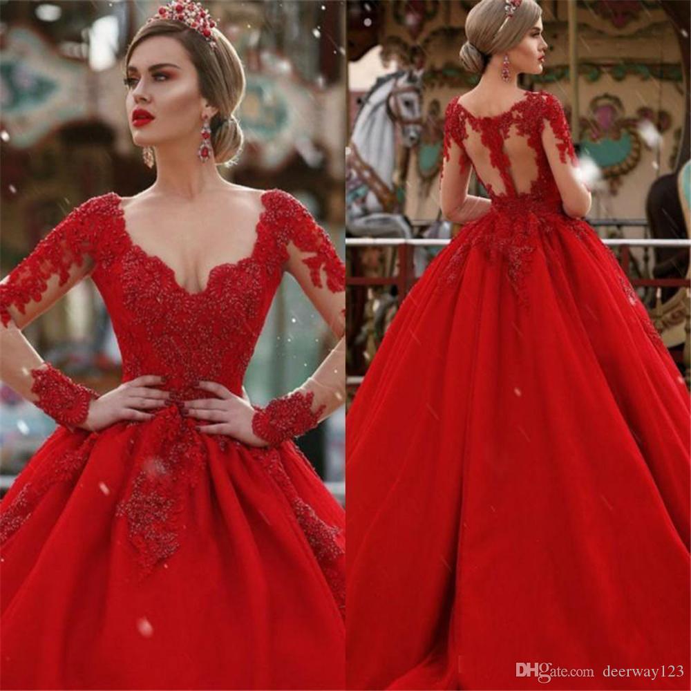Image of Custom Make Long Sleeves Red Prom Dresses Plunging V-neck Lace Appliqued Puffy Arabic Dubai Formal Party evening Gowns Celebrity