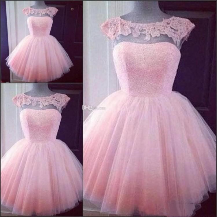 Image of Cute Dresses Short Pink Homecoming Prom Puffy Tulle Little Pretty Party Appliques Capped Sleeves Girl Formal cocktail Gowns