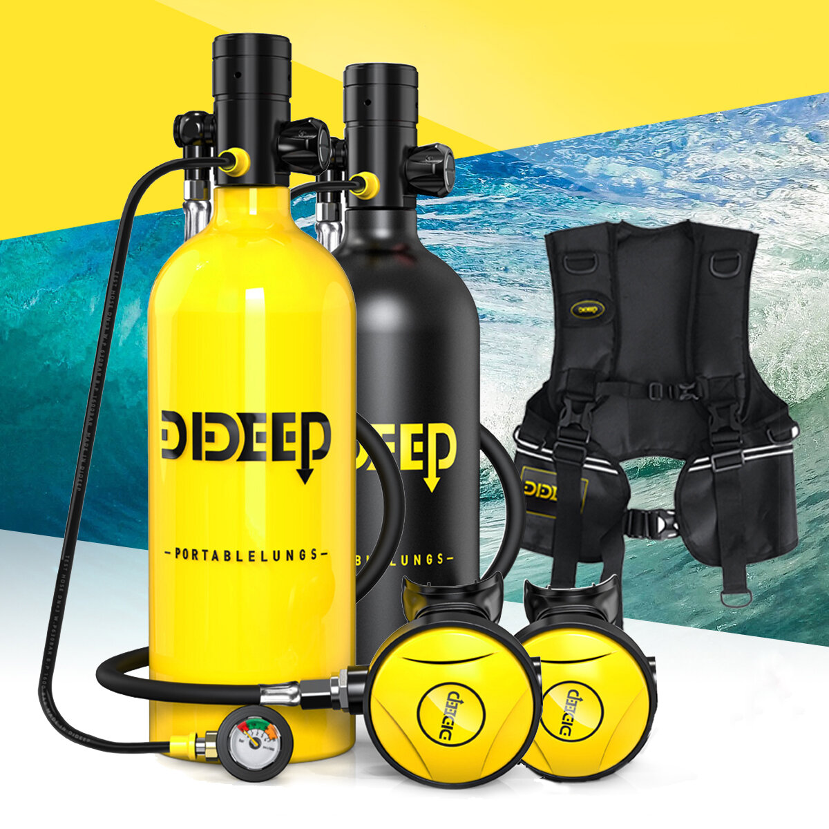 Image of DIDEEP X5000 Pro 2L Scuba Diving Tank Air Oxygen Cylinder Underwater Equipment with Vest Bag Long Pressure Gauge Kit