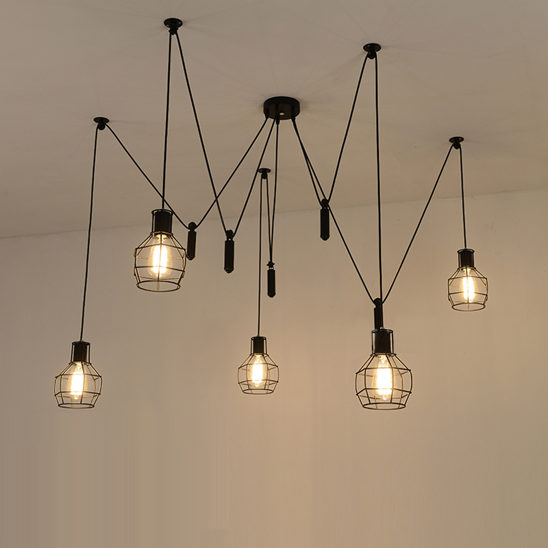 Image of DIY Vintage Black Cord Multiple Light Sources Simple Pendant Lamp Dining Room Coffee 1-2m Wire Spider Pendant Lights pulley rope Surface Mounted