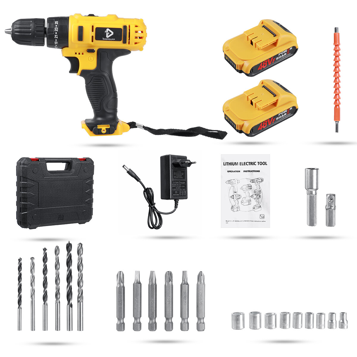 Image of DOERSUPP 48VF Impact Drill Cordless Screwdriver Drill 25+3 Torque 2 Speed Drilling Battery Indicator Tool