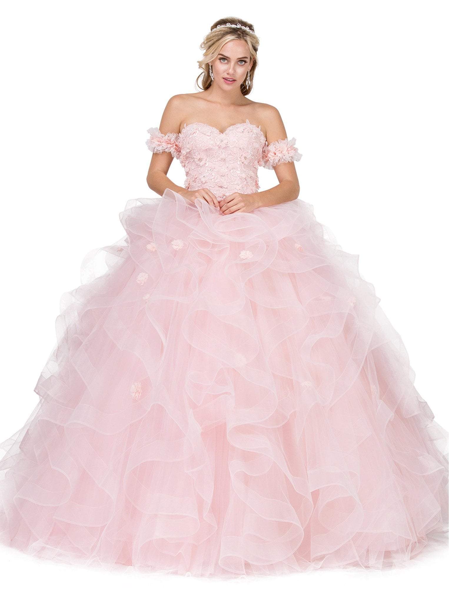 Image of Dancing Queen - 1322 Floral Applique Ruffled Quinceanera Ballgown