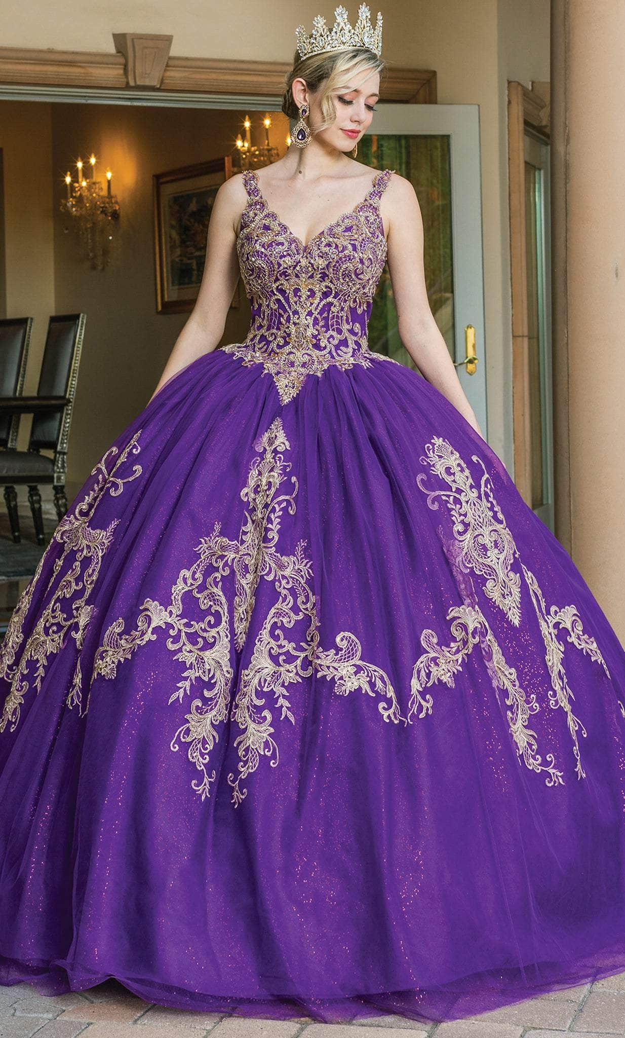 Image of Dancing Queen 1635 - V-Neck Lace Appliqued Ballgown