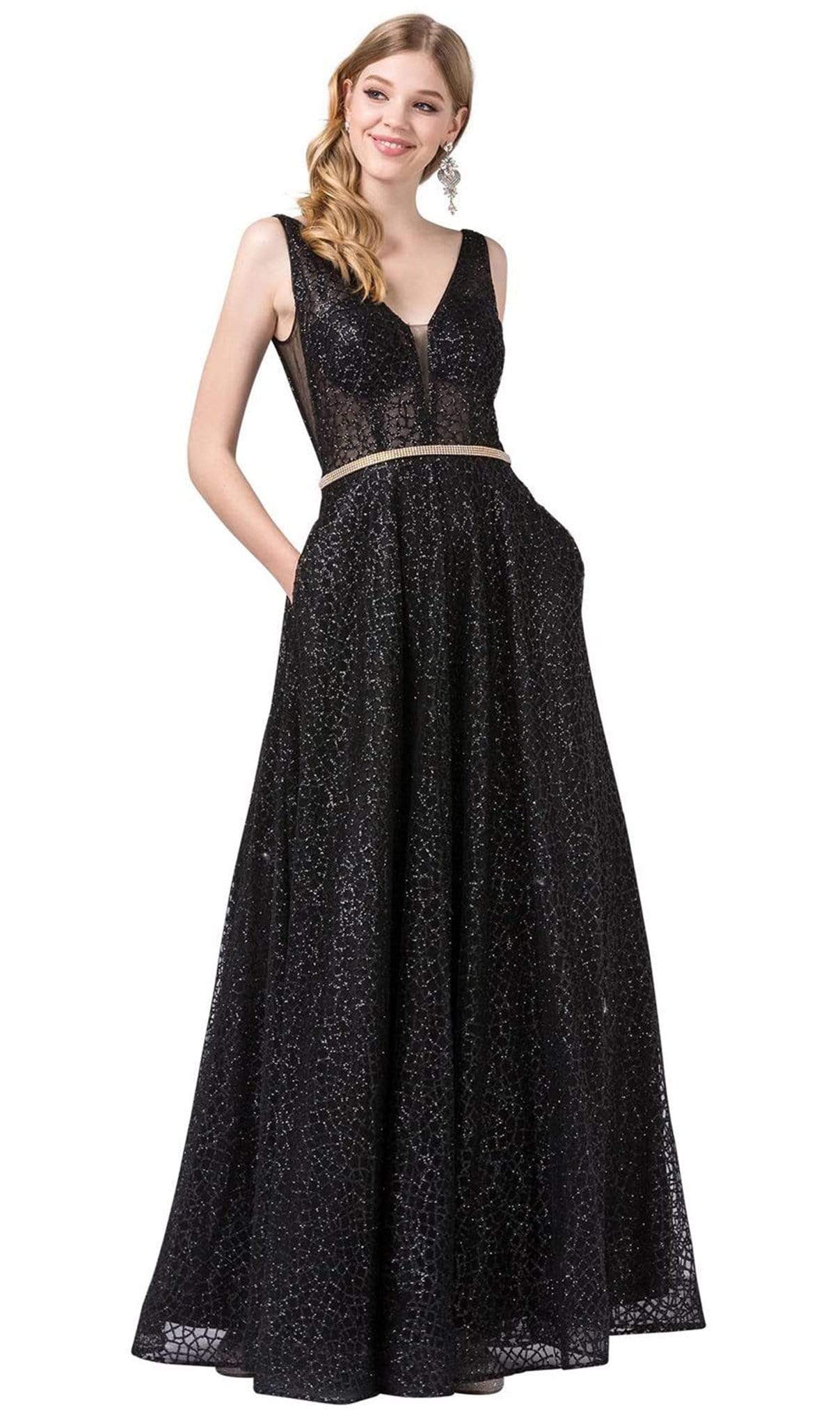 Image of Dancing Queen - 2593 Illusion Plunging V Neck Glitter Mesh Prom Dress