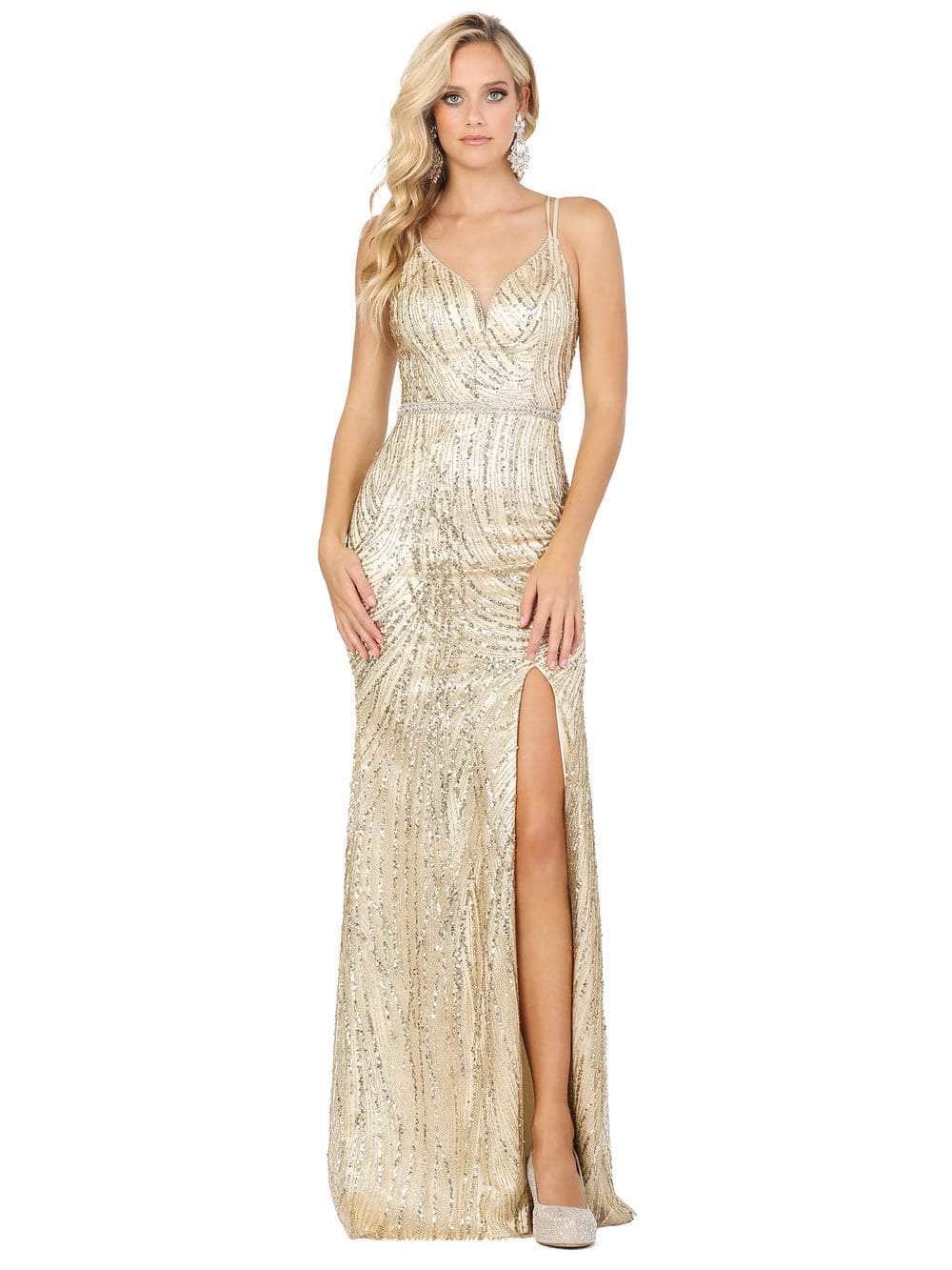 Image of Dancing Queen - 2826 Glitter Plunging V Neck Gown with Slit