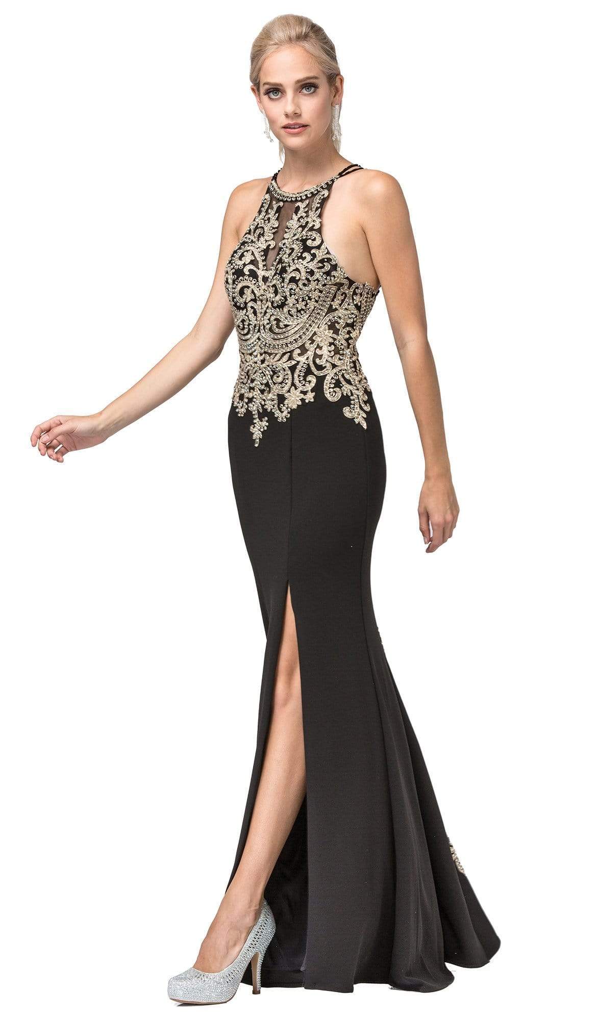 Image of Dancing Queen - 2836 Appliqued Halter Gown with Slit