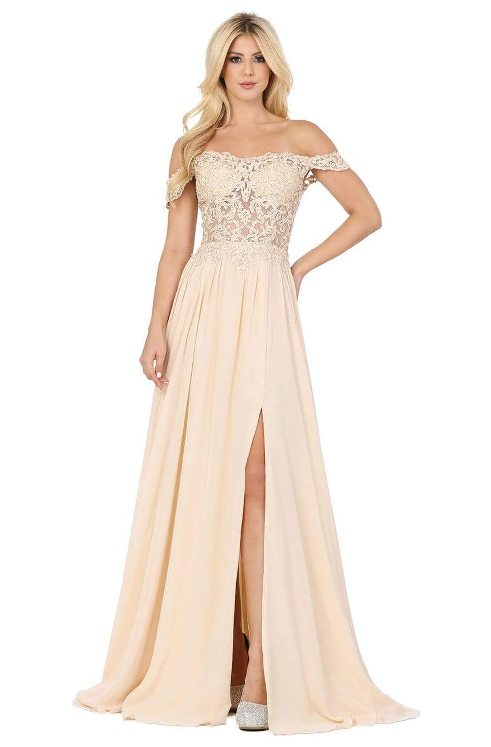 Image of Dancing Queen - 2933 Beaded Lace Applique Bodice High Slit Prom Dress